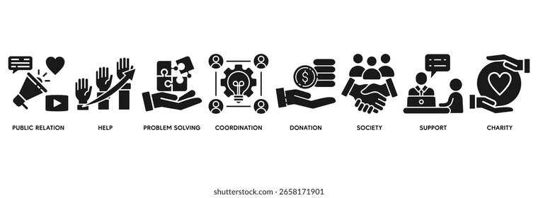 Volunteer Icon Set Vektorgrafik Konzept beziehen sich auf Öffentlichkeitsarbeit, Hilfe, Problemlösung, Koordination, Spende, Gesellschaft, Unterstützung, Wohltätigkeit�