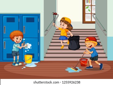Volunteer Kids Cleaning School Hallway Illustration