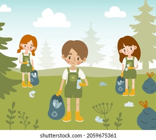 Volunteer kids collect garbage in the forest. Poster about care of environment and ecology for children, schools, preschooler.
