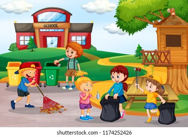 Volunteer kids collecting trash at school illustration