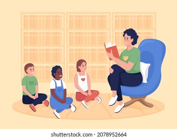 Volunteer in kids library flat color vector illustration. Activist with children listening to fairytale reading. Social worker reading to kids 2D cartoon characters with daycare interior on background