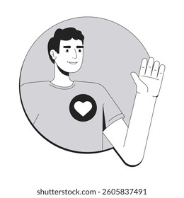 Volunteer line conceptual illustration. social worker. Community service, charity. Smiling man waving with heart symbol on tshirt 2D outline character isolated. Linear drawing grayscale vector