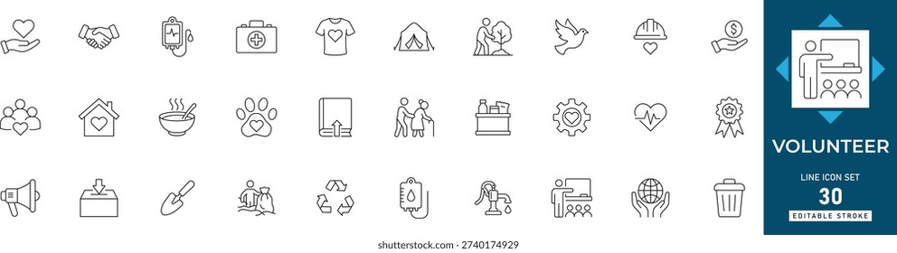 Volunteer line icon set featuring help, charity, community, support, heart, donation, and kindness. Professional editable vector set for non profit organization.
