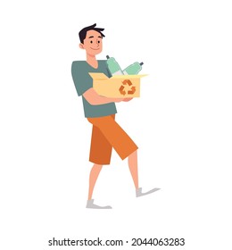 Volunteer man carrying box with waste for recycling. Garbage sorting and save nature actions personage, flat vector illustration isolated on white background.
