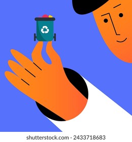 Volunteer man clearing the streets of trash and natural debris. Waste recycling service. People collecting trash. Flat vector illustration.
