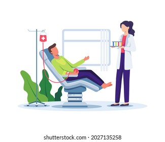 Volunteer man donating blood. Volunteer male character sitting in medical hospital chair donating blood. Blood donation, World Blood Donor Day concept illustration. Vector illustration in a flat style