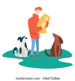 Volunteer man feeding homeless pets charity and help vector isolated male character with food pack, and dogs hunger saving wild animals mammals good will nutrition and puppies guy holding package