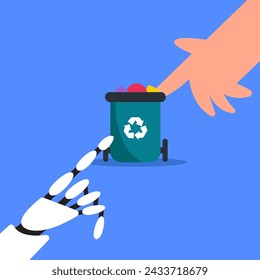 Hombre y robot voluntarios limpiando las calles de basura y desechos naturales. Servicio de reciclaje de residuos. Ilustración vectorial plana.