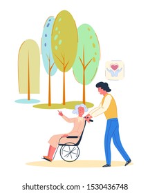 Volunteer man walking in park with elderly disabled or handicapped woman in wheelchair. Help and Support to Senior People with health problems - banner for 5th December. Cartoon vector illustration.