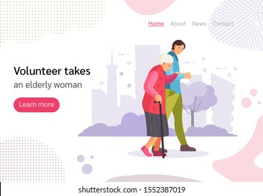 Volunteer man walks with elderly woman. Grandson and grandmother walking together in city park, taking care of elderly grandmother. Volunteer, help, poor, charity concept vector illustration