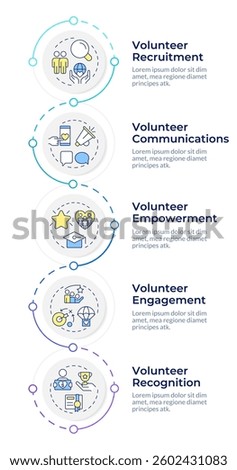 Volunteer management components infographic vertical sequence. Non profit organization work. Visualization infochart with 5 steps. Circles workflow