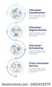 Volunteer management infographic vertical sequence. Nonprofit social activity regulation. Visualization infochart with 4 steps. Circles workflow