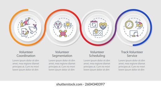 Volunteer management infographics circles sequence. Nonprofit social activity regulation. Visualization layout with 4 steps. Info chart loop process presentation