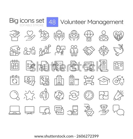 Volunteer management linear icons set. Enthusiasts collaboration for community goals. Non profit organization. Customizable thin line symbols. Isolated vector outline illustrations. Editable stroke