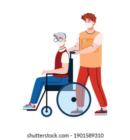 Volunteer in a medical mask led an elderly disabled person for walk, cartoon vector illustration on white background. Social worker and senior man on wheelchair.