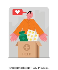 Volunteer medicine collection center. Activists provide medical assistance to needy. Male vector character packs pills for charity. Essential medicines for needy. Humanitarian aid organization