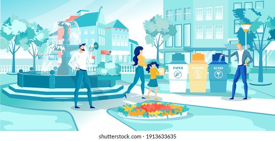Volunteer with Megaphone Help Sort Waste on City Street Vector Illustration. Cartoon People Sorting Litter. Separate Container for Plastic, Paper, Organic Garbage. Reduce Pollution, Recycling