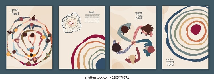 Volunteer Multicultural People Group Concept. Editable Set Template Poster Banner Leaflet Web Page. People Of Diverse Culture In Circle Top View. NGO. Aid. Help And Assistance. Workgroup