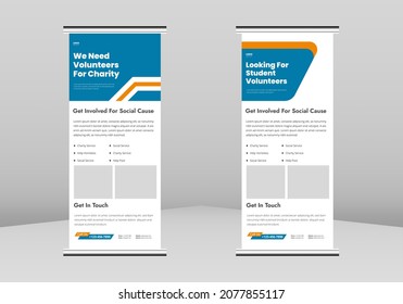 Volunteer Needed Flyer Roll Up Banner Design, Charity Volunteer Poster Roll Up Leaflet Template. Community Volunteer Service Poster DL Flyer