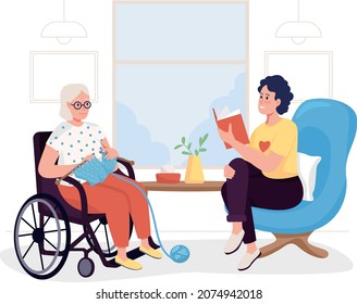 Voluntario en el hogar de enfermería 2D vector ilustración aislada. La chica le leyó a la abuela. Las mujeres mayores y más jóvenes se sientan juntas en interiores con personajes planos sobre el fondo de las caricaturas. Escena colorida de trabajo de caridad