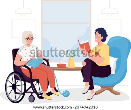 Volunteer in nursing home 2D vector isolated illustration. Girl read to grandma. Elderly and younger woman sit together indoors flat characters on cartoon background. Charity work colourful scene