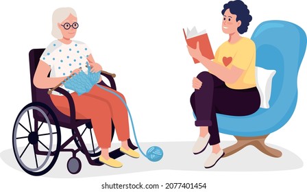 Volunteer in nursing house semi flat color vector characters. Posing figures. Full body people on white. Social work isolated modern cartoon style illustration for graphic design and animation