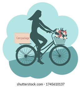Volunteer on a bicycle with a package, basket with flowers - vector. Care package idea. Quarantine box. Social distance. Help, gift, donation.