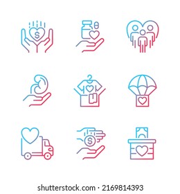 Volunteer opportunities gradient linear vector icons set. Monetary donation. Social responsibility. Humanitarian aid. Thin line contour symbol designs bundle. Isolated outline illustrations collection