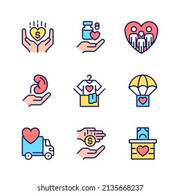 Volunteer Opportunities Pixel Perfect RGB Color Icons Set. Monetary Donation. Social Responsibility. Isolated Vector Illustrations. Simple Filled Line Drawings Collection. Editable Stroke