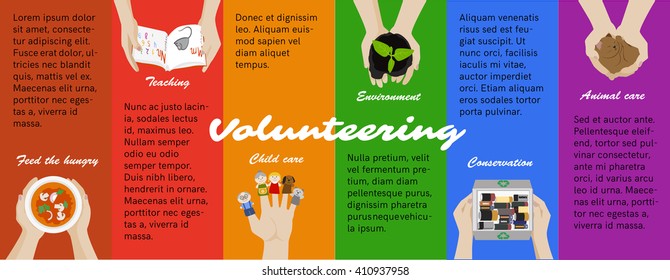 Volunteer opportunities. Voluntary work. Vector volunteering program poster, infographics. Recycling, children and animal care. Kid teaching, helping homeless and environment conservation.