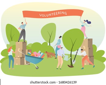 Volunteer organization concept, people planting and watering tree, donating to charity, vector illustration. Men and women cartoon characters in flat style, social community support team work together