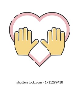 Volunteer organization vector illustration isolated on white background. Hands on the heart. Voluntary, charity, donation icon.
