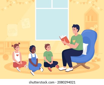 Volunteer In Orphanage Flat Color Vector Illustration. Activist With Children In Kindergarten. Social Worker Reading To Listening Kids 2D Cartoon Characters With Library Interior On Background