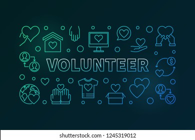 Volunteer outline vector colored illustration - charity and volunteering banner on dark background