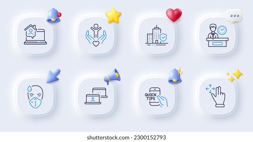 Volunteer, Outsource work and Apartment insurance line icons. Buttons with 3d bell, chat speech, cursor. Pack of Education, Work home, Presentation time icon. Sick man, Move gesture pictogram. Vector