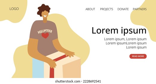 Volunteer packing donation boxes. People collect different things in donation boxes, Donation and charity concept.  Vector in a flat style. Volunteer web banner or landing page. 