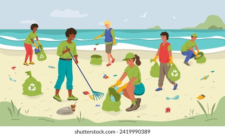 Volunteer people clean up trash and waste on the beach. The concept of environmental development, sustainable climate. Vector stock illustration.