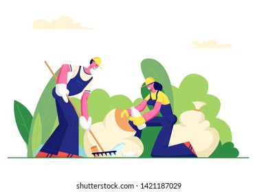 Volunteer People Cleaning Garbage in City Park Area. Volunteering, Men and Women Collecting Trash to Sacks, Racking Ground, Charity Social Concept, Ecology Protection. Cartoon Flat Vector Illustration