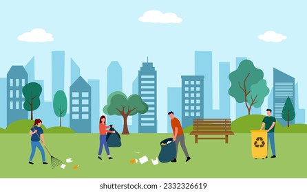 Volunteer people cleaning park in flat design.