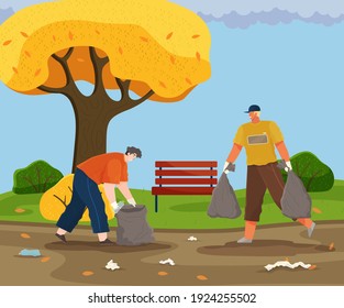 Volunteer people are cleaning territory. Men volunteering collect garbage and waste on contaminated areas. Characters throwing trash. Guys remove plastic and paper in autumn park during fall