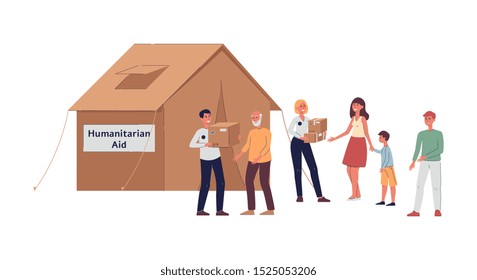 Volunteer people giving humanitarian aid to people next to tent, cartoon man and woman holding cardboard boxes and giving assistance, isolated flat vector illustration