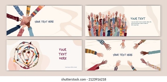 Volunteer people group concept banner - cover - poster editable template. Raised arms and hands of multiethnic people. Multicultural people holding hands. Hands in a circle. Team concept