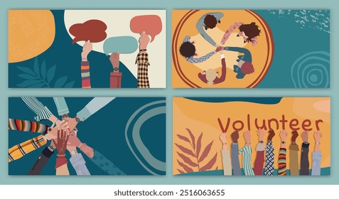 Volunteer people group concept. Banner poster editable template.Multicultural diverse people. Raised hand. People in circle. Solidarity. NGO Aid concept. Charitable donation