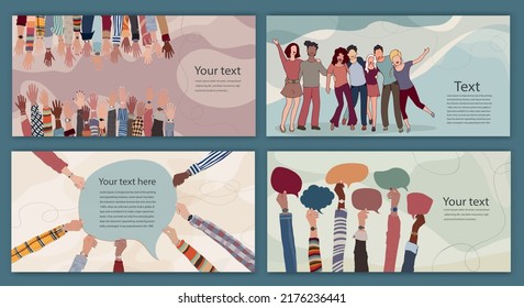 Volunteer people group concept. Editable template. Banner - Leaflet - poster. Hand-up multiethnic and multicultural people. Diversity. Hands in a circle holding speech bubble.Team concept