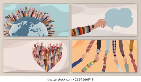 Volunteer people group concept flyer brochure poster editable template.Multicultural people with hands raised around the earth. People diversity. NGO Aid concept. Solidarity.Heart shape