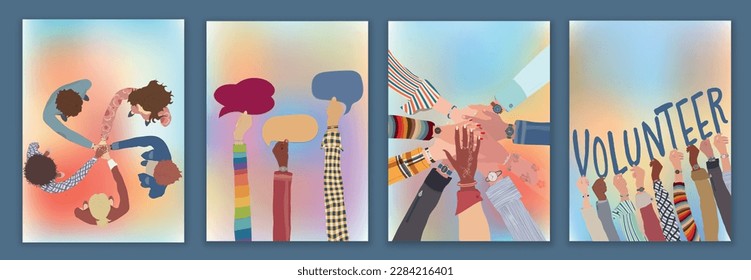 Volunteer people group concept landing page poster editable template. Multicultural people with raised hands. People diversity holding text - volunteer- Hands in a circle. NGO Aid