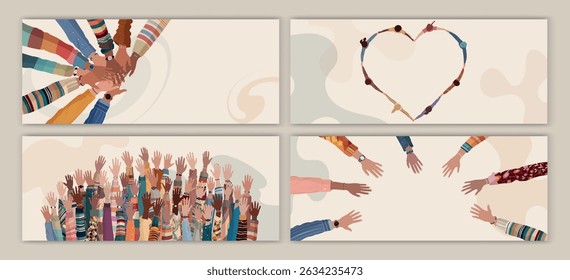 Volunteer people group concept magazine flyer booklet editable template. Multicultural people holding hands. Raised hand