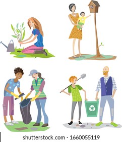 Volunteer people plant trees and recycle garbage