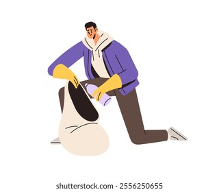 Volunteer picking plastic bottle into litter bag. Janitor cleaning, collects trash, waste, junk for recycle. Eco activist cares about ecology, environment. Flat isolated vector illustration on white