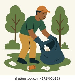 Voluntario recogiendo basura en el bosque